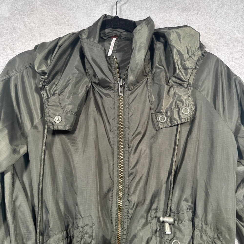 Free People‎ Peplum Windbreaker Jacket Womens XS Olive Green Ripstop Hooded - Picture 10 of 14
